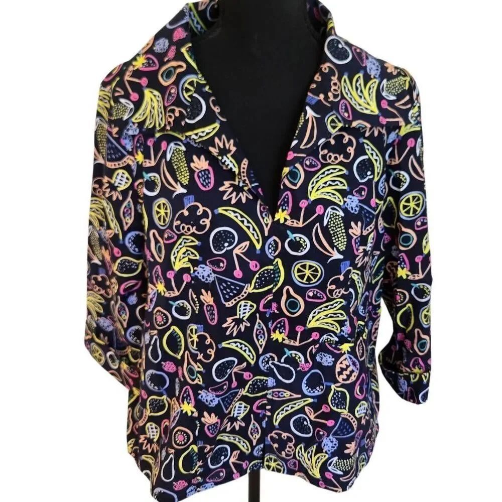 Cali Girls Womens Abstract Fruit Print 3/4 Sleeve Top Navy Multicolor Medium